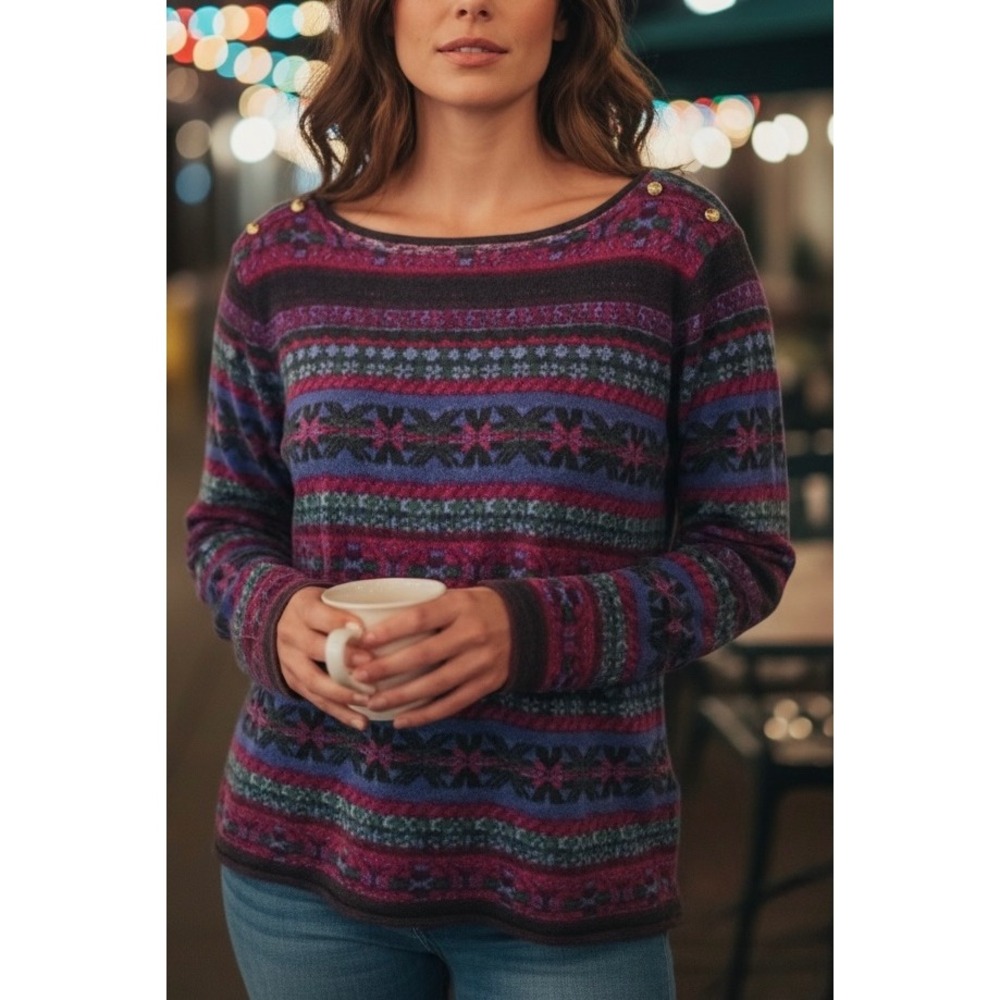 Ralph Lauren Purple Fair Isle Boat Neck Cotton Top XL Gold Buttons Lightweight